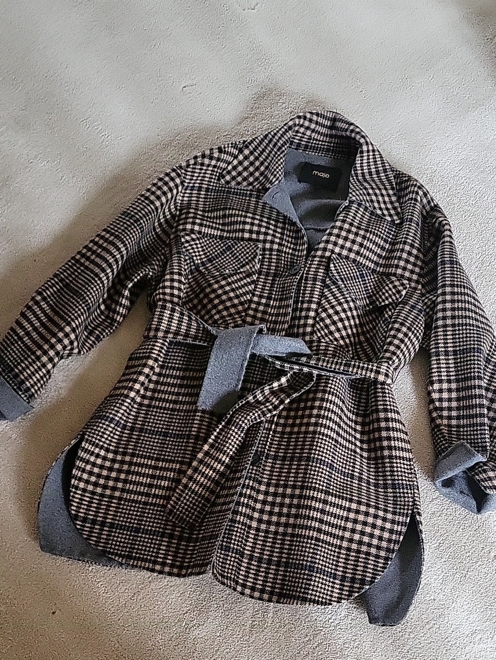 Maje Black and Beige Checked Belted Trench Coat